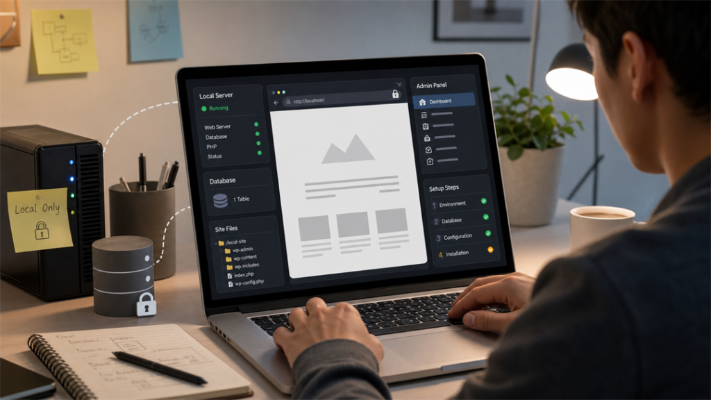 Communicates local WordPress setup with laptop, local server, database, site files, browser preview, and private/local cues.