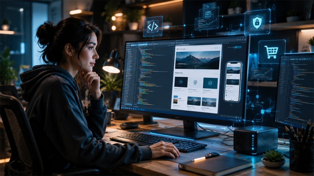 Woman developer evaluating a WordPress development workspace with code, website previews, and subtle futuristic interface elements.