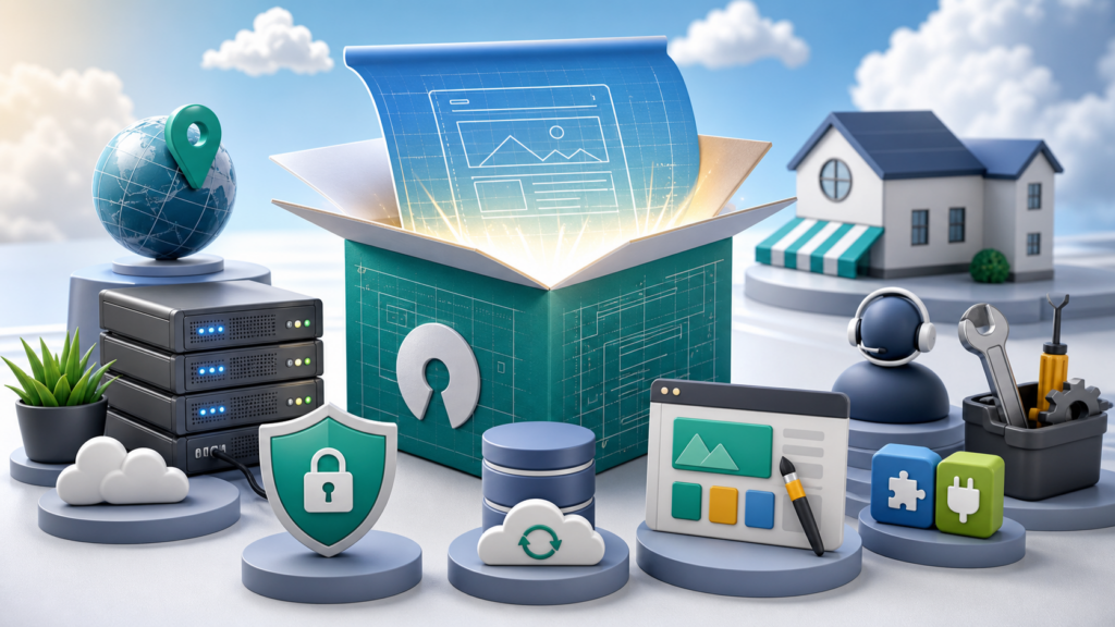 Editorial illustration showing free WordPress software surrounded closely by website cost essentials like hosting, domain, backups, security, themes, plugins, and support.