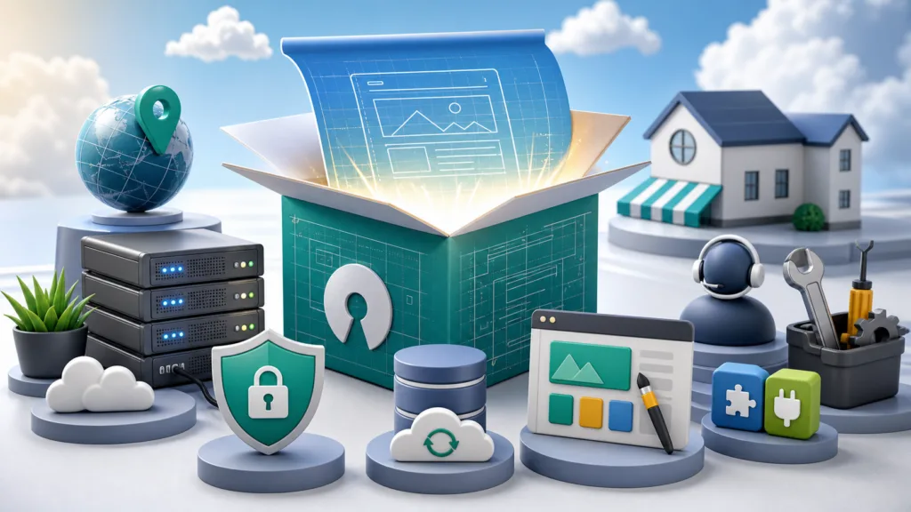 Editorial illustration showing free WordPress software surrounded closely by website cost essentials like hosting, domain, backups, security, themes, plugins, and support.