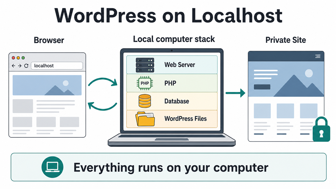 Diagram showing how WordPress runs on localhost with a web server, PHP, database, and browser. install WordPress on localhost