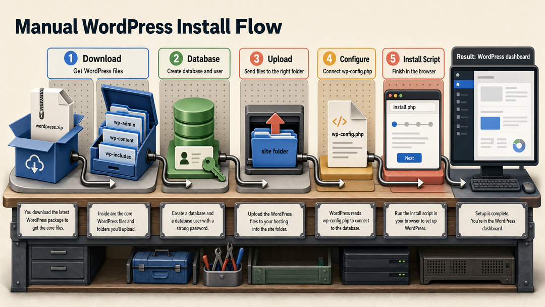 Manual WordPress installation flow from download to install script.