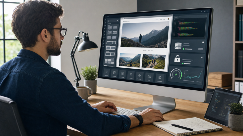 Professional WordPress developer reviewing a website build workspace with design, plugin, code, hosting, security, performance, and launch cues.