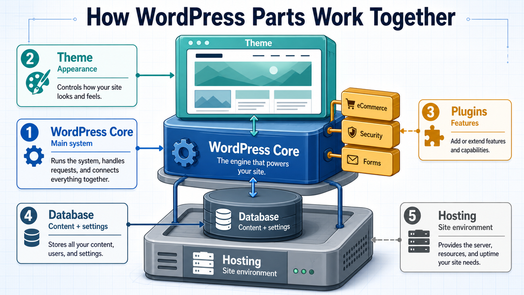 Diagram showing how WordPress core, themes, plugins, database, and hosting work together.