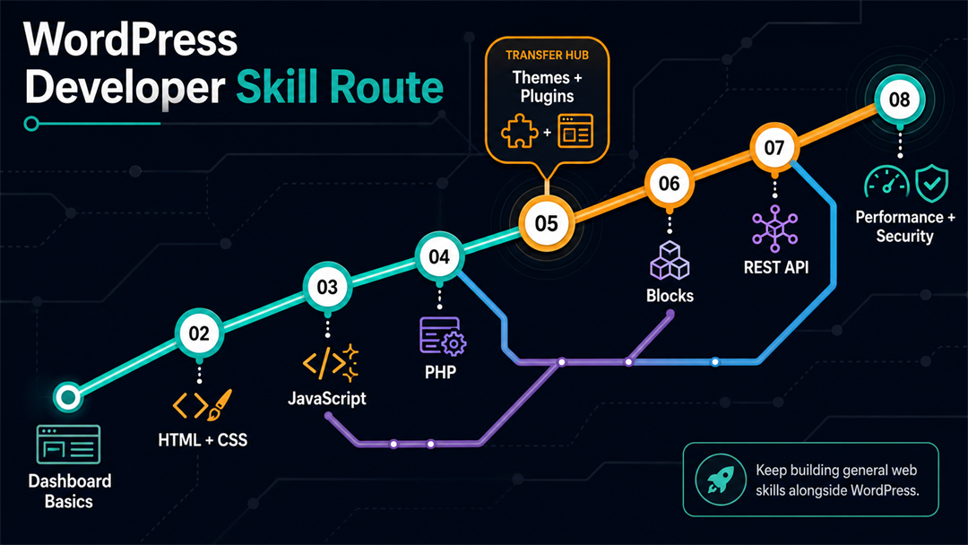 Roadmap of WordPress development skills from beginner dashboard use to custom themes, plugins, blocks, and maintenance.