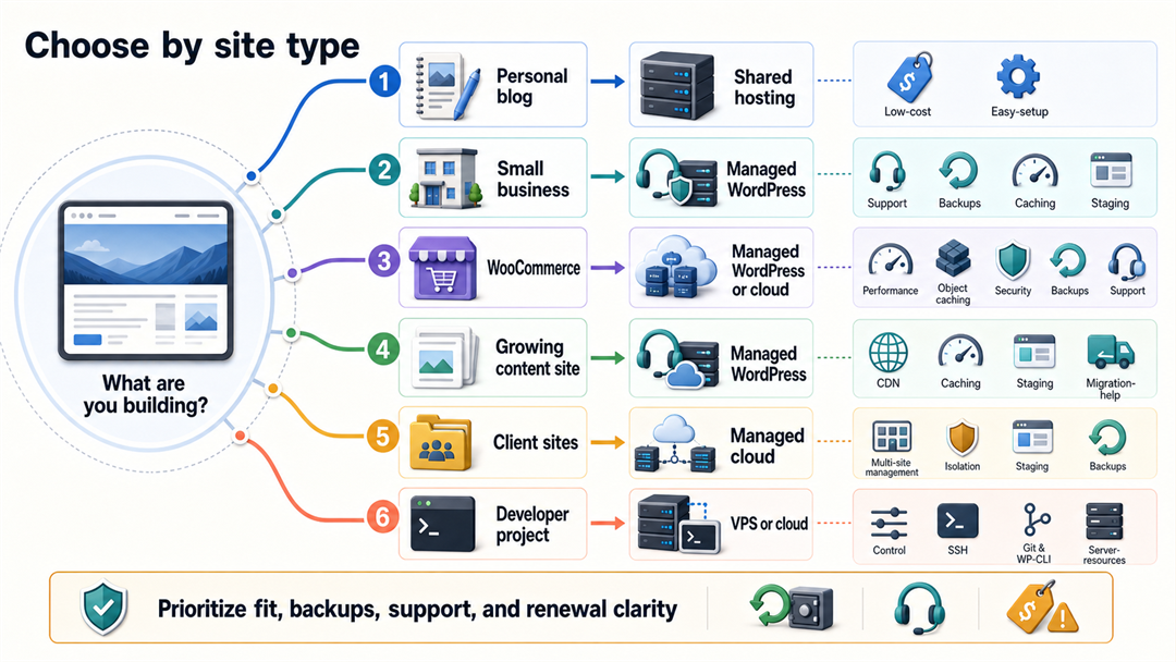 WordPress hosting choice matrix comparing shared, managed, cloud, and VPS hosting by site type.