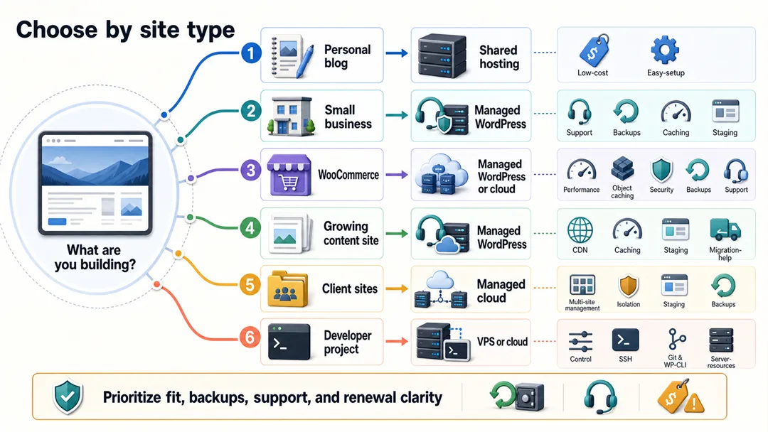 WordPress hosting choice matrix comparing shared, managed, cloud, and VPS hosting by site type.