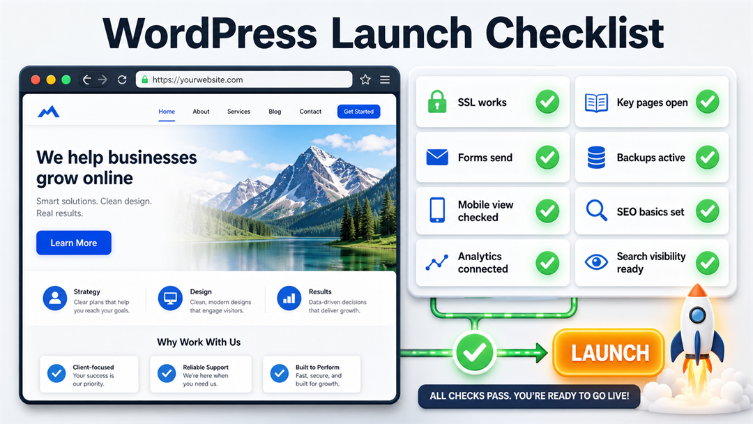 WordPress website launch checklist covering SSL, pages, forms, backups, mobile testing, SEO, and analytics.