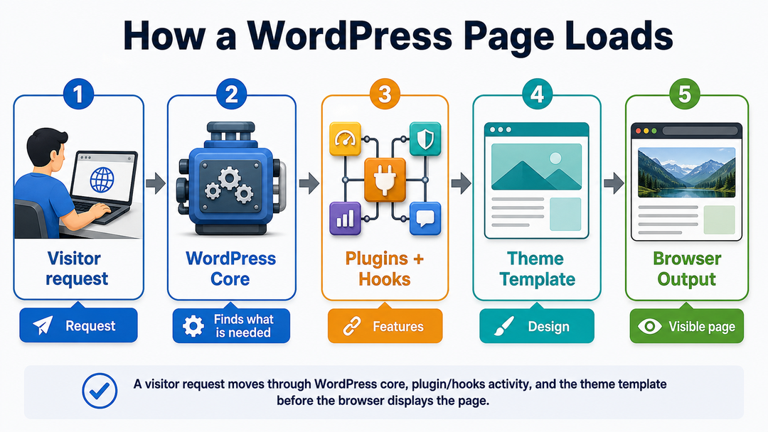 Flowchart showing how WordPress loads a page with themes and plugins.