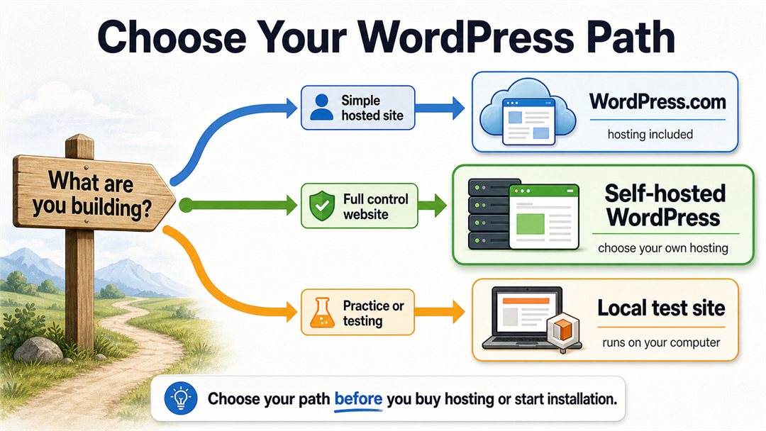 WordPress setup path decision chart comparing WordPress.com, self-hosted WordPress, and local development. how to set up a WordPress website.