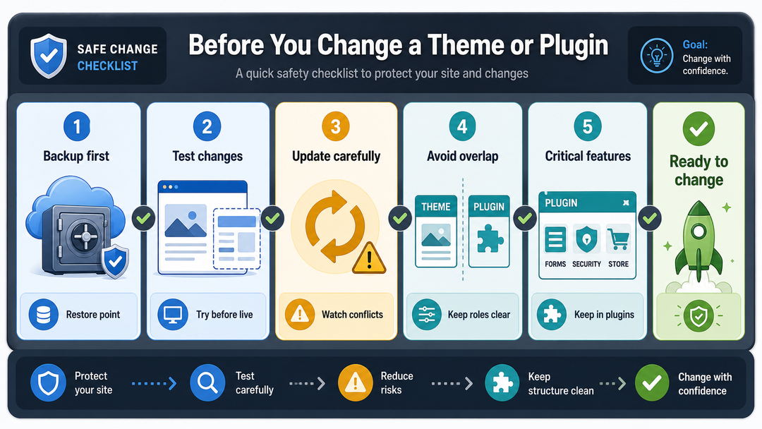 Beginner checklist for safely choosing WordPress themes and plugins.