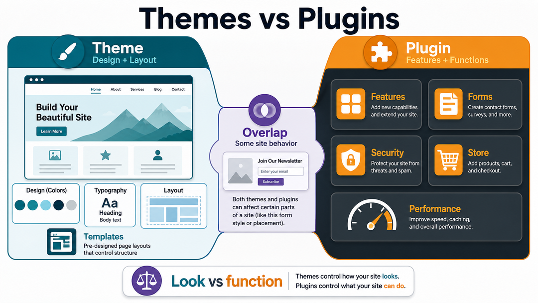 WordPress theme vs plugin comparison showing design and functionality roles.