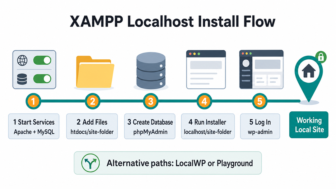XAMPP WordPress localhost installation flow showing Apache, database, htdocs, and WordPress installer steps.