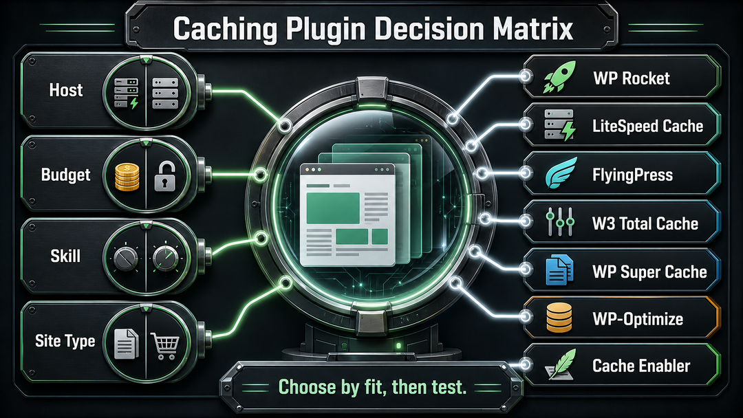 Decision matrix showing which WordPress caching plugin fits each **hosting** and site type.