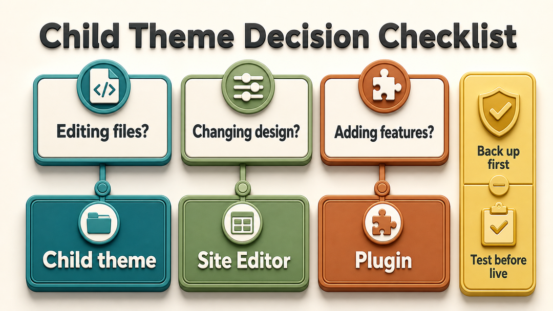 Checklist showing when WordPress users need a child theme and when built-in customization options are enough.