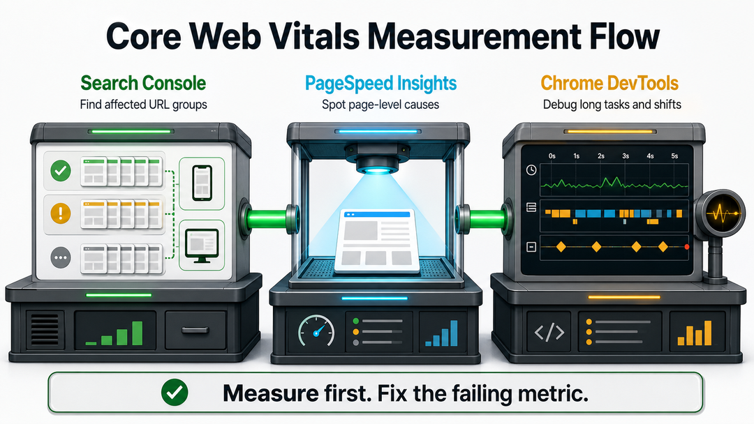 WordPress Core Web Vitals measurement flow from Search Console to PageSpeed Insights to Chrome DevTools.