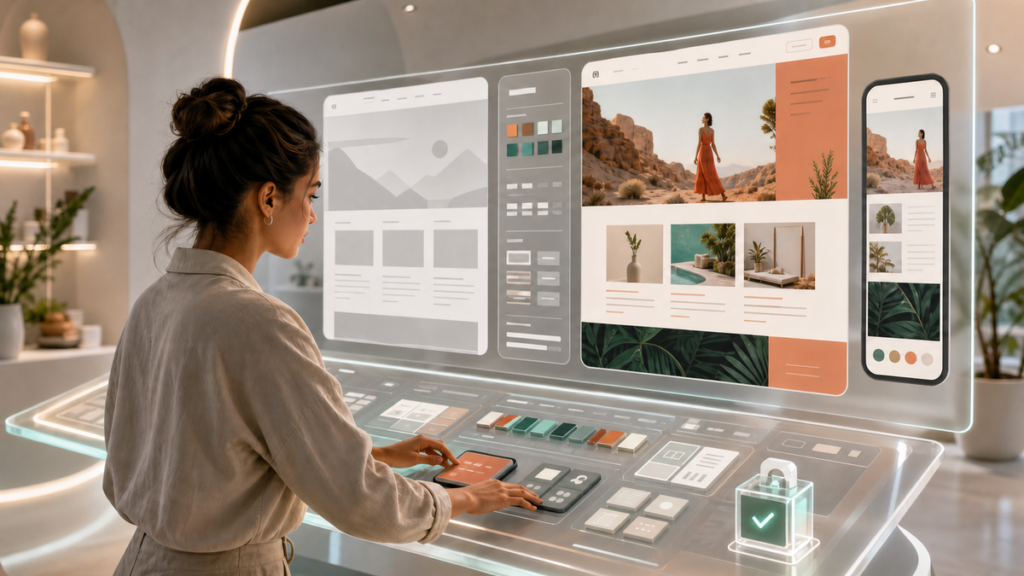 Website creator using no-code design controls to customize a WordPress theme preview, customize wordpress theme without coding