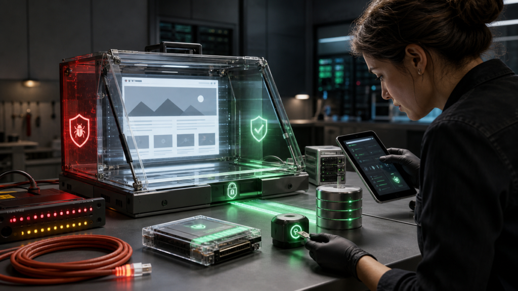 WordPress security specialist recovering a hacked website in a forensic containment workspace.