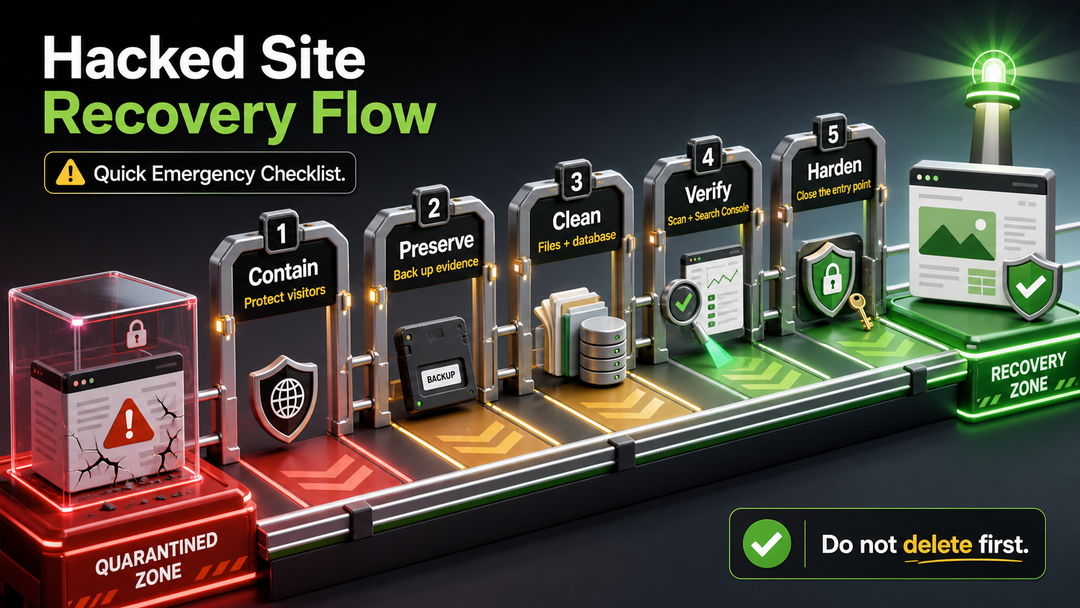 Emergency workflow showing how to fix a hacked WordPress site safely.
