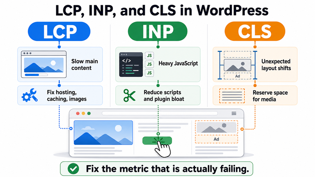 Common WordPress causes of LCP, INP, and CLS problems with matching fixes.