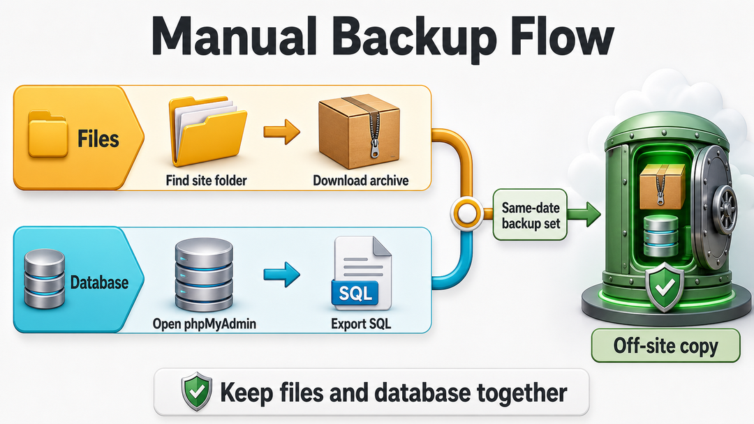 Manual WordPress backup flow showing file download and database export.