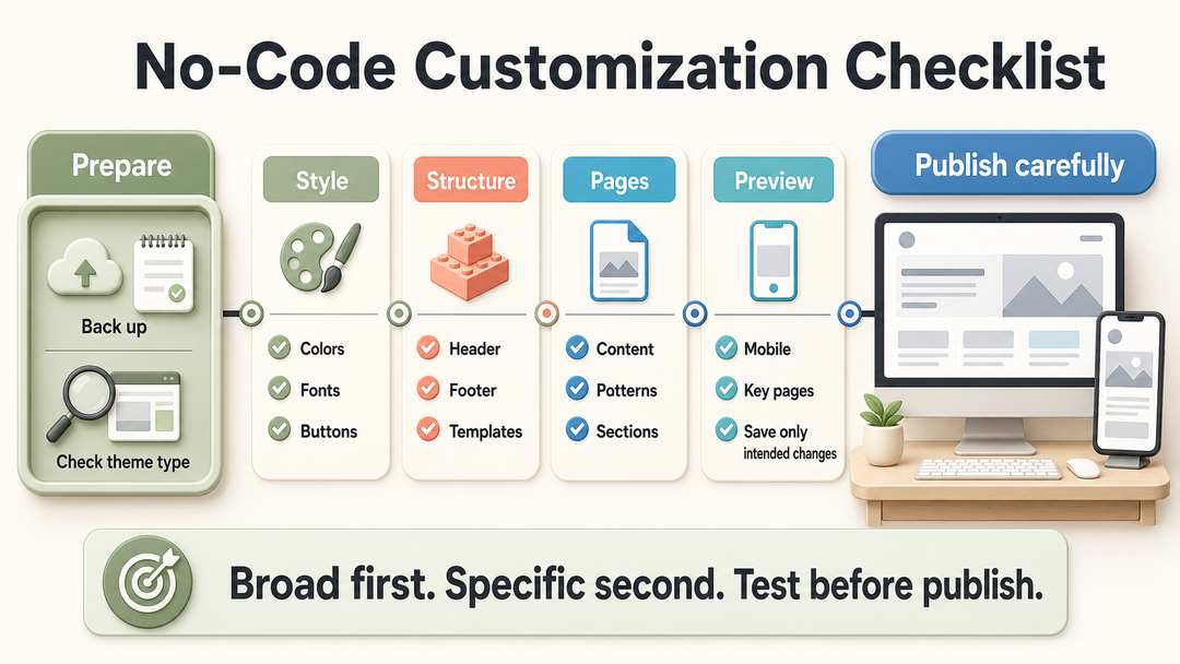 Checklist for customizing a WordPress theme without coding, including backups, theme type, global styles, templates, mobile preview, and testing.