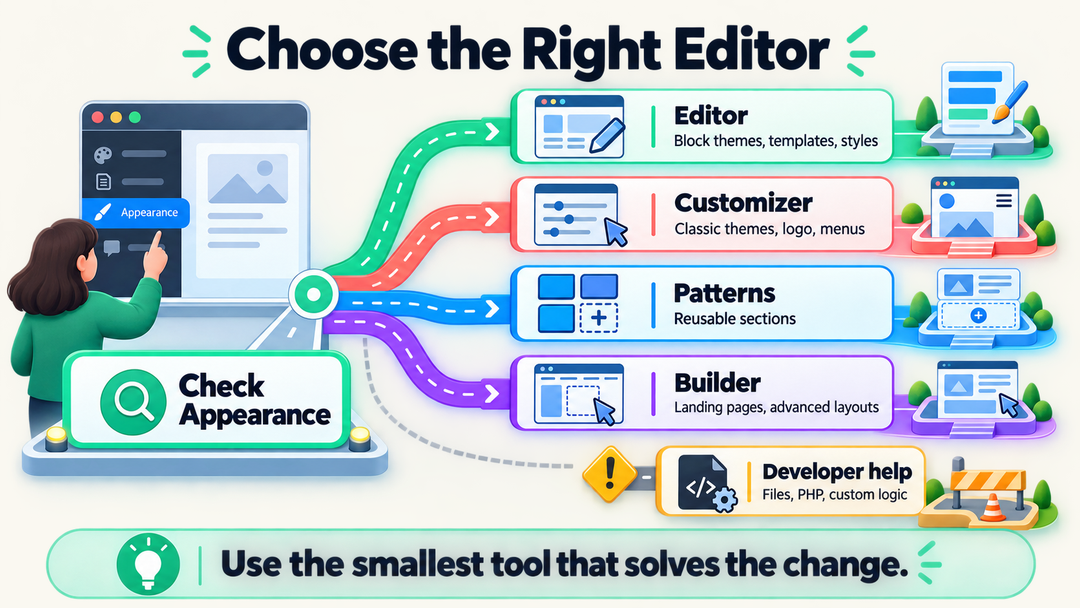 Decision chart showing whether to use the WordPress Site Editor, Customizer, patterns, or a page builder to customize a theme without coding.