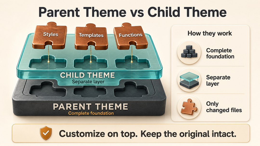 Diagram showing how a WordPress child theme inherits files from a parent theme, and overrides selected custom files.