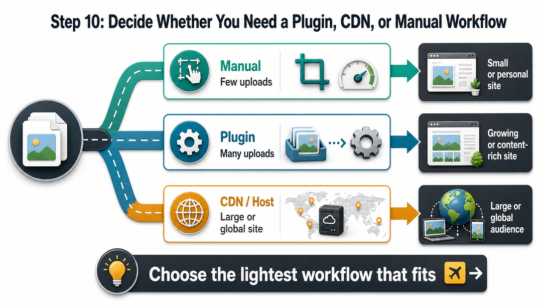 Decision matrix comparing manual image optimization, WordPress plugins, and image CDN workflows.