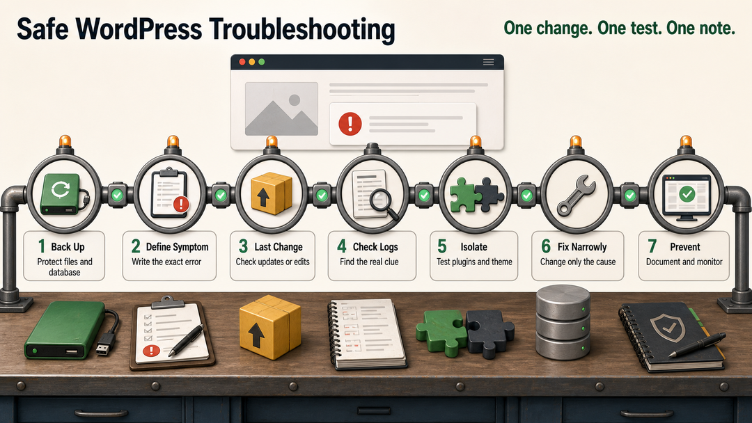 Safe WordPress troubleshooting process from backup to diagnosis, isolation, fix, and prevention.