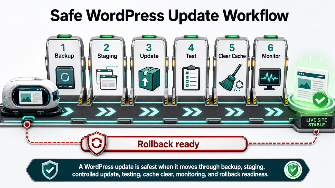 Safe WordPress update workflow showing backup, staging, update, test, cache clear, and rollback steps.