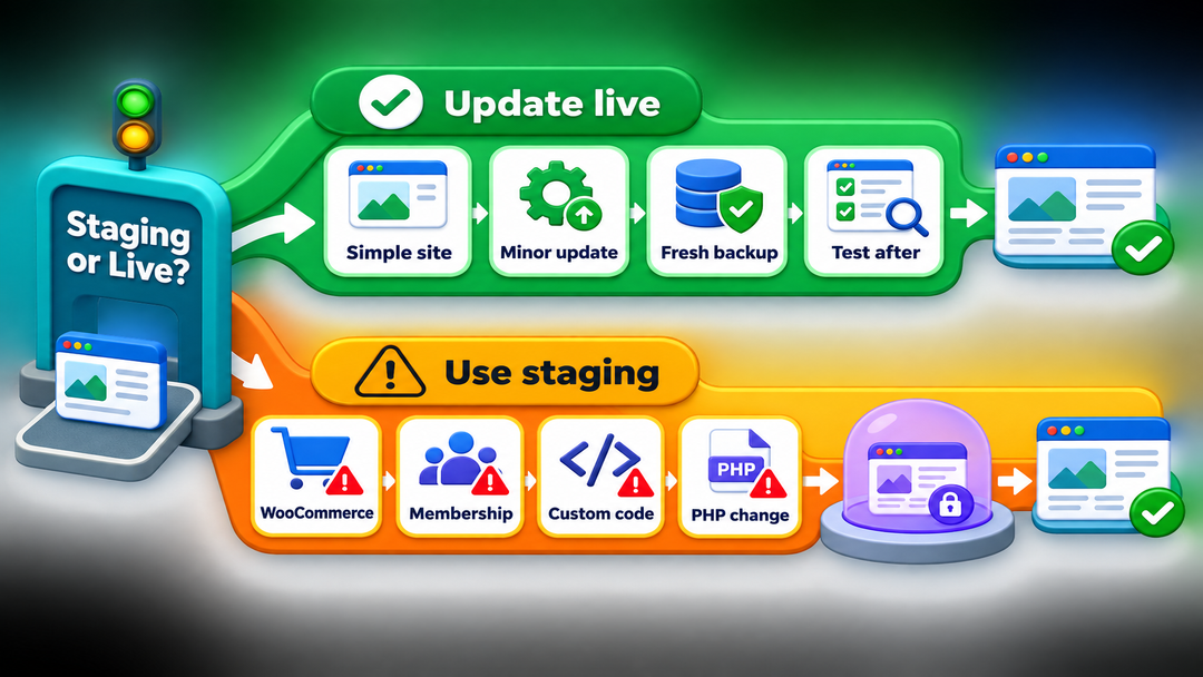 Decision chart showing when to update WordPress on staging versus directly on a live site.