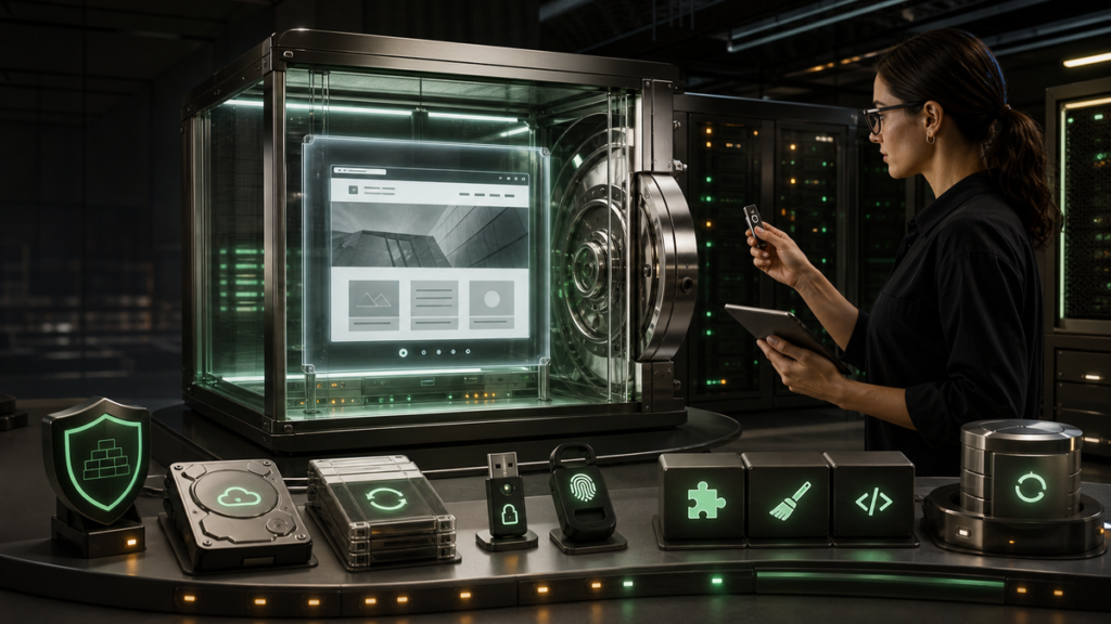 Secure WordPress website protected by layered security controls in a modern digital vault.