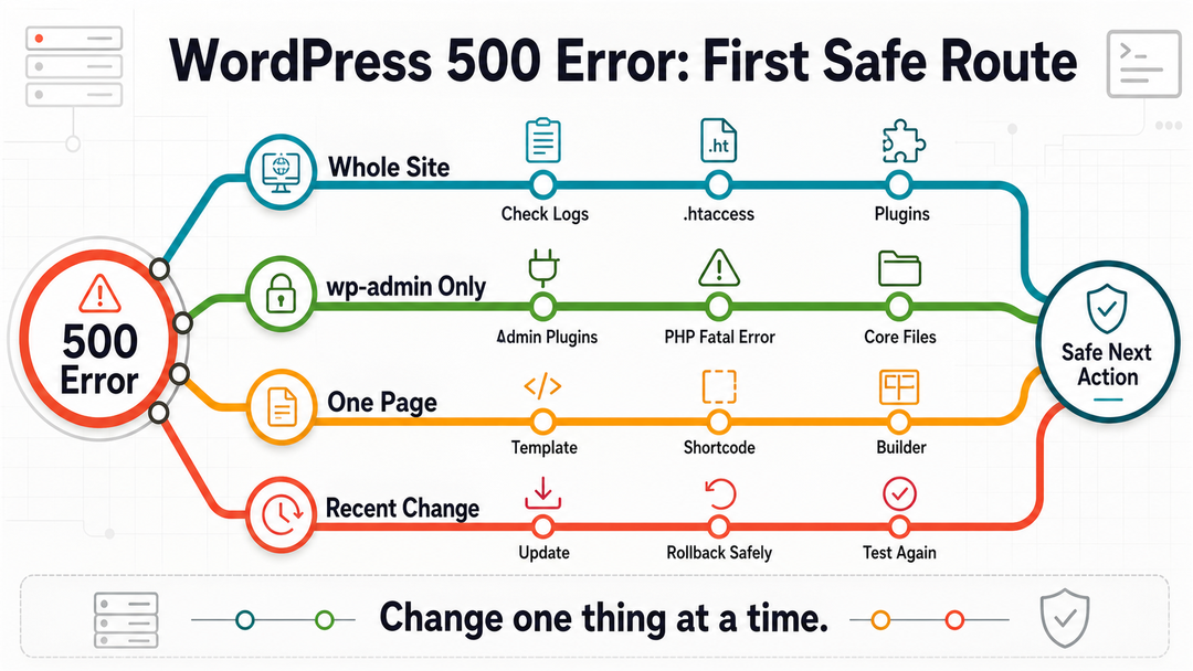 Diagnostic flow for fixing a WordPress 500 internal server error.
