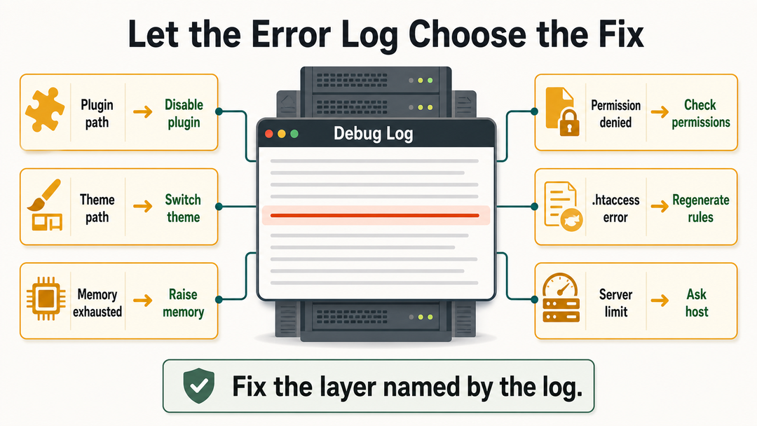WordPress 500 error troubleshooting map for logs, .htaccess, plugins, themes, PHP memory, permissions, and hosting.