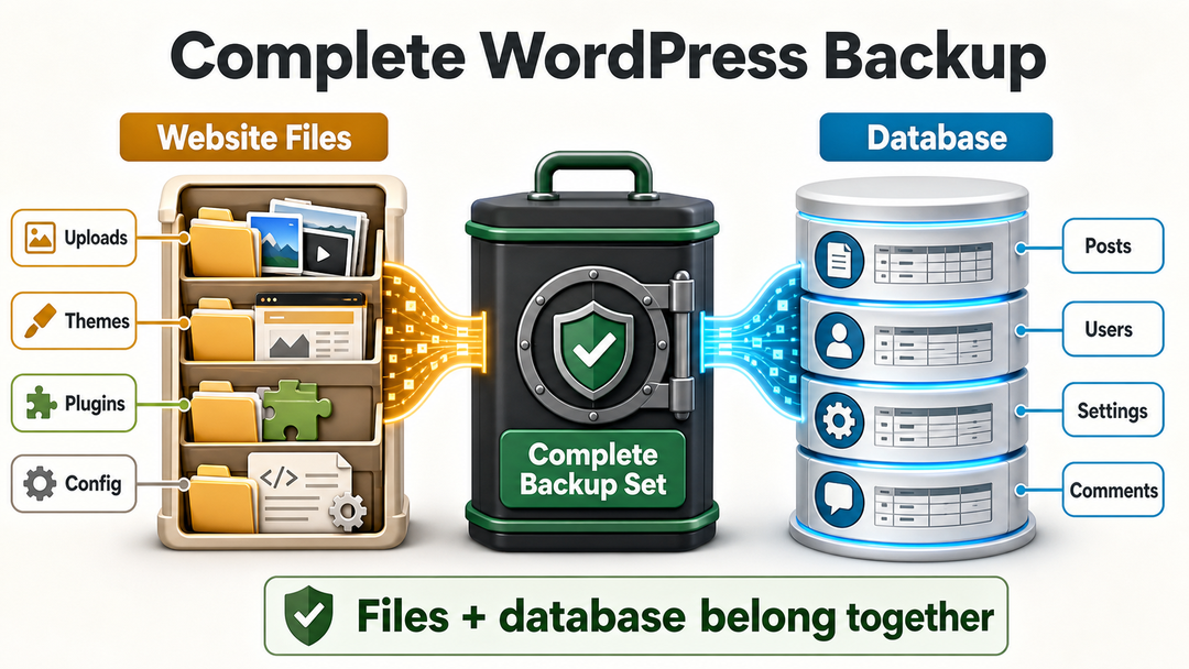 Diagram showing that a complete WordPress backup includes both website files and the database.