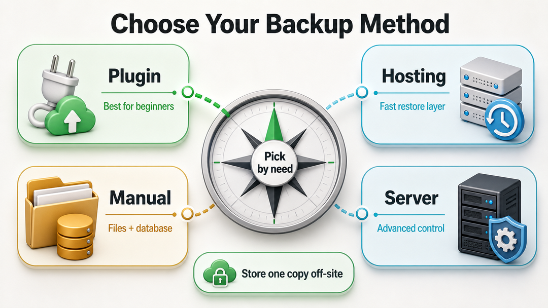 WordPress backup method comparison chart for plugin, hosting, and manual backups.