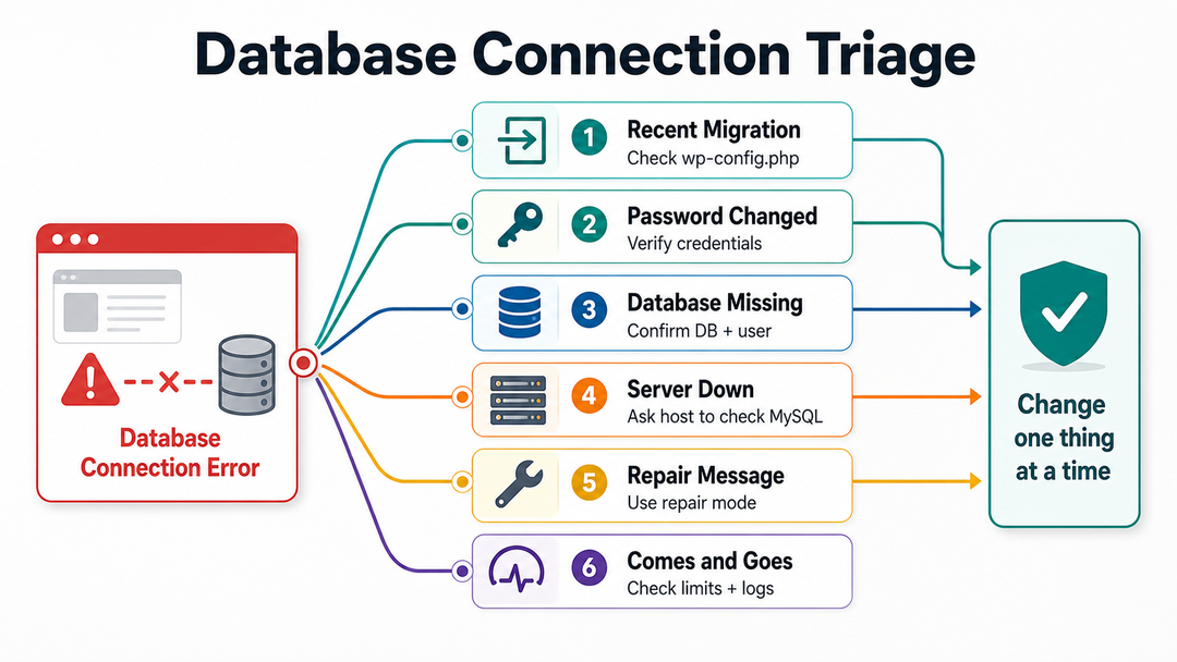 Diagnostic flow for fixing error establishing a database connection in WordPress.