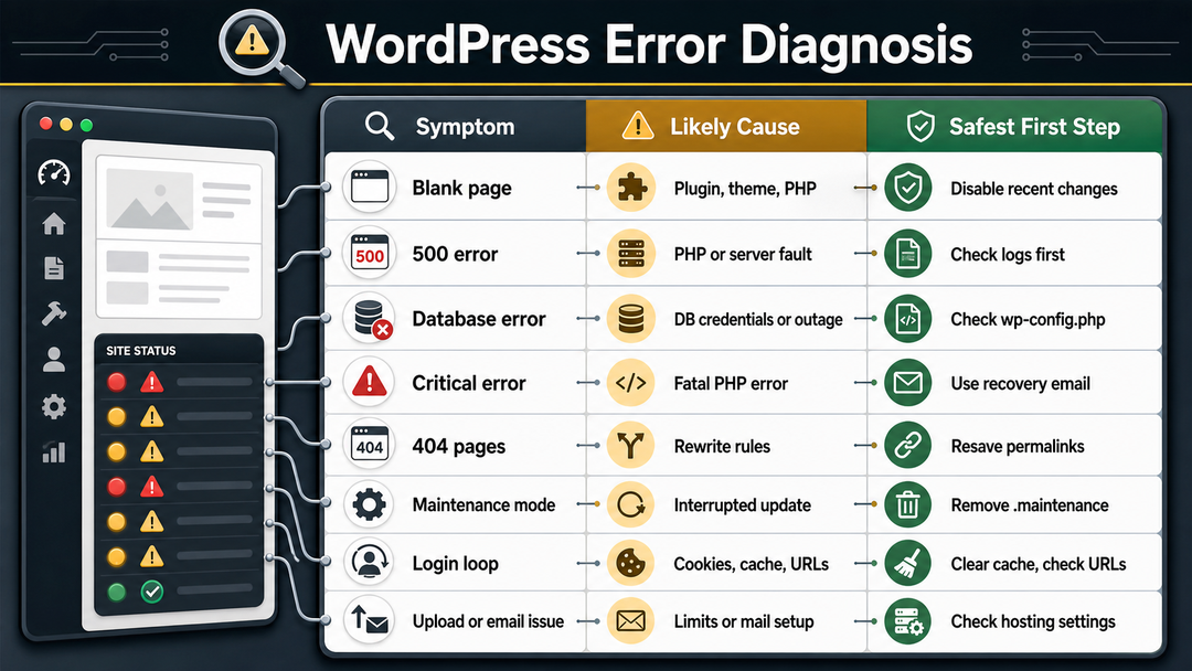 WordPress error diagnosis table showing symptoms, likely causes, and safest first fixes.