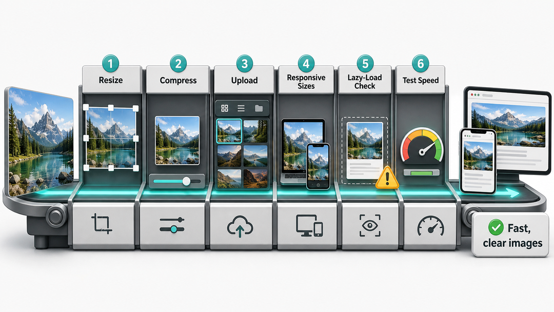 WordPress image optimization workflow showing resize, compress, upload, responsive delivery, lazy loading, and testing.