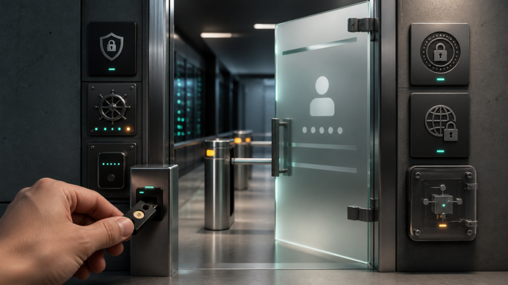 Secure WordPress login access shown with a hardware security key, layered access controls, and protected admin doorway. WordPress Login Security Best Practices
