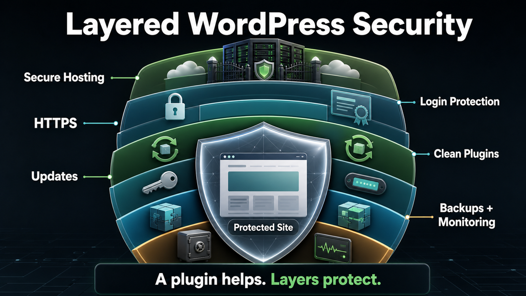 Layered WordPress security diagram showing hosting, HTTPS, updates, logins, plugins, files, backups, and monitoring.