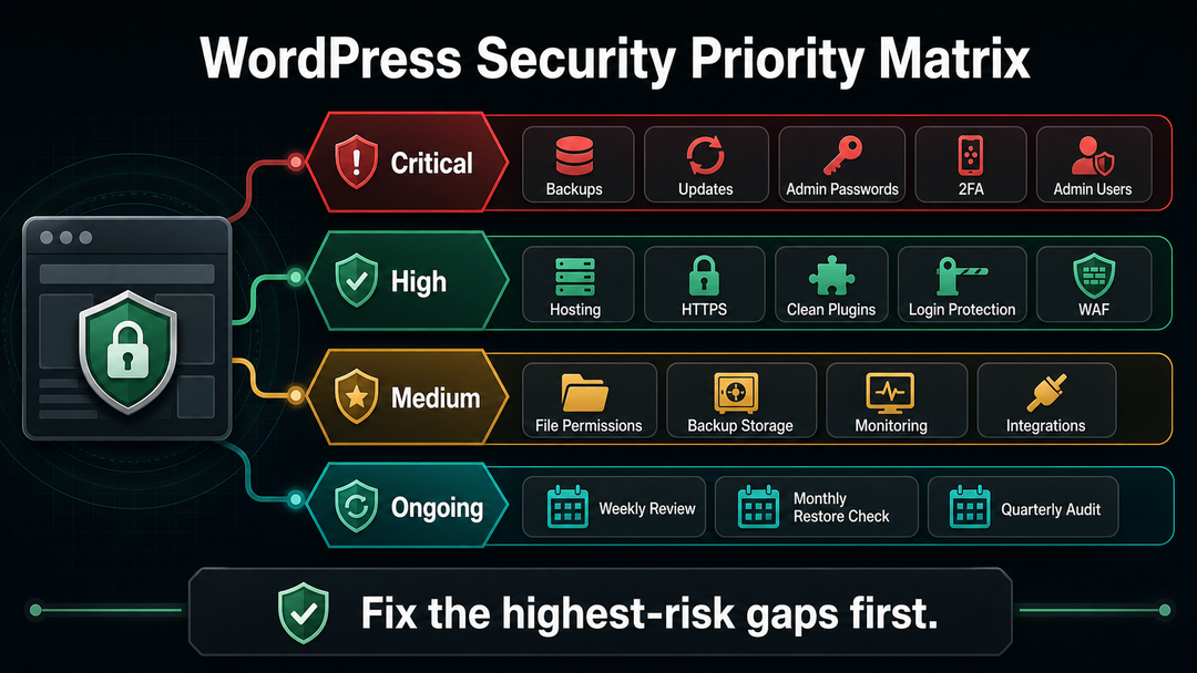 WordPress security checklist priority matrix showing critical, high, medium, and ongoing security tasks.