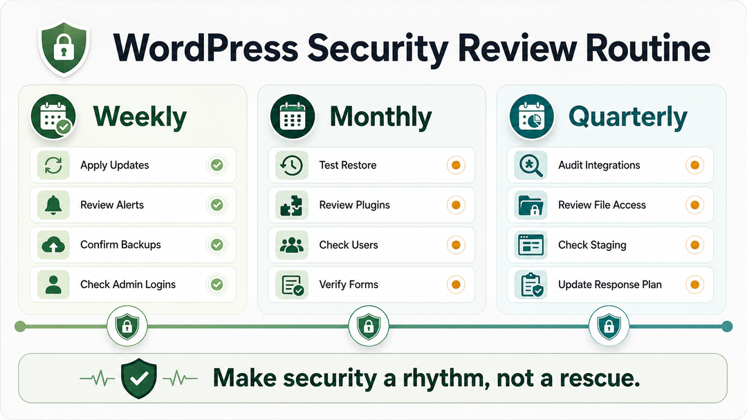 WordPress security review calendar showing weekly, monthly, and quarterly maintenance checks.