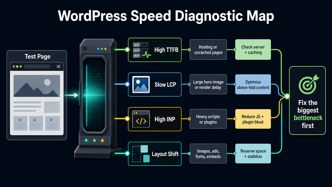 WordPress speed diagnostic map matching slow site symptoms to likely fixes.