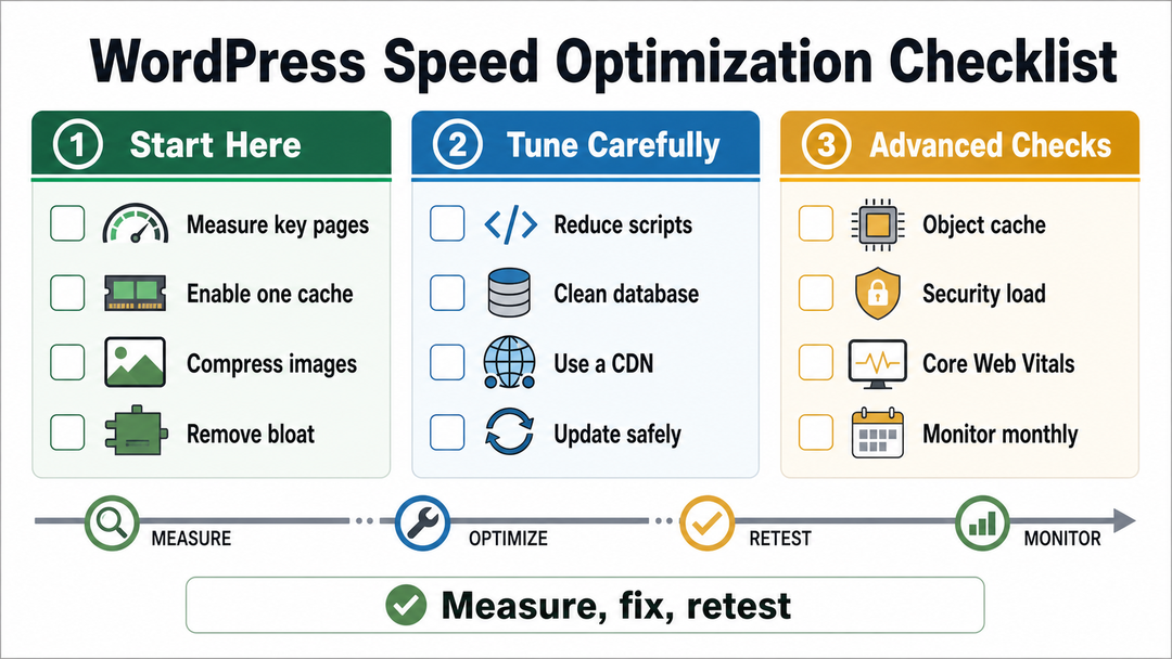 WordPress speed optimization checklist sorted by priority, effort, risk, and Core Web Vitals impact.