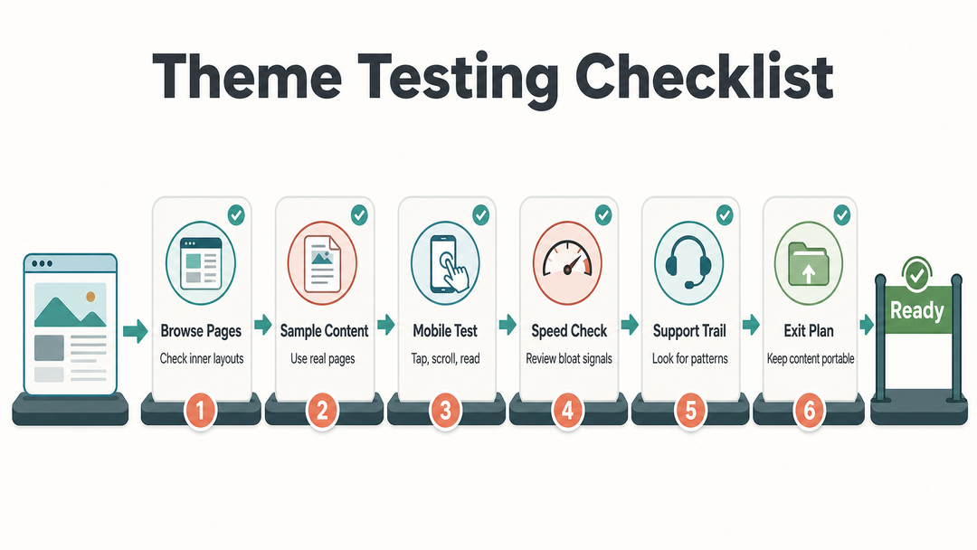 Checklist for testing a WordPress theme before installing it on a live website.