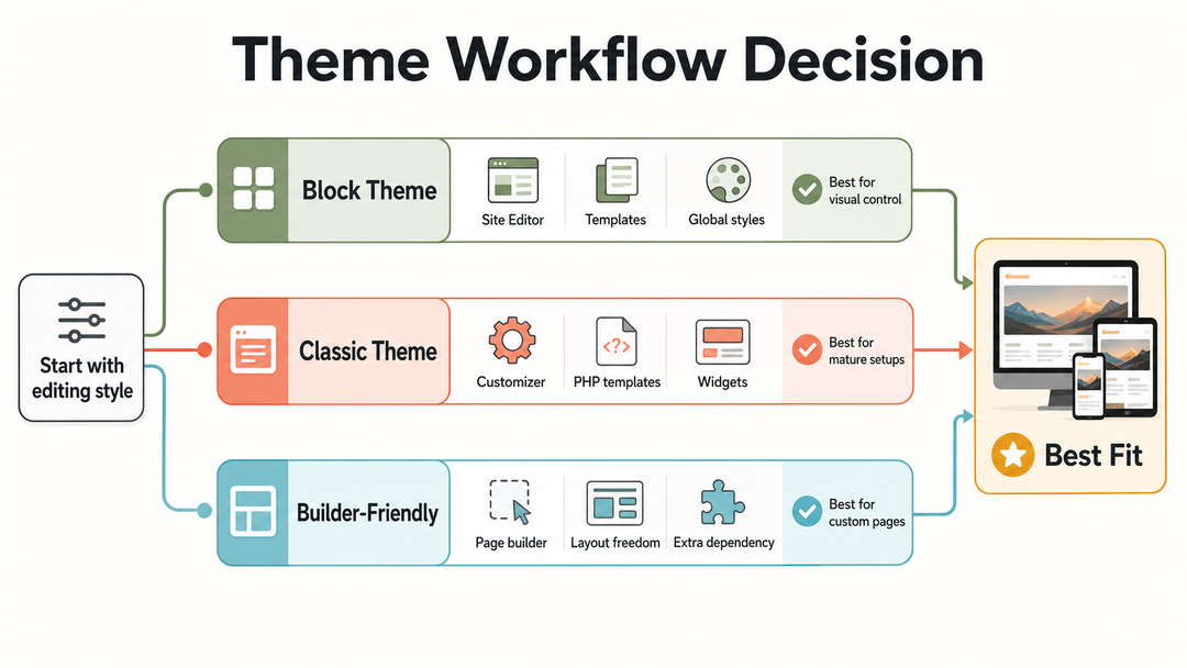 WordPress theme workflow comparison showing block themes, classic themes, and builder-friendly themes.