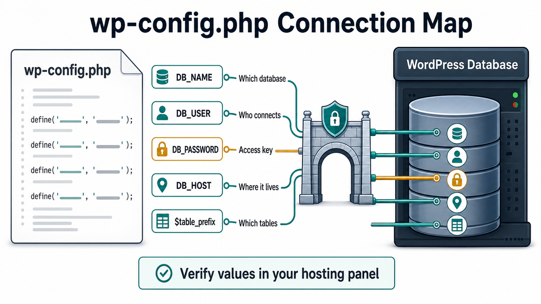wp-config.php database settings map for WordPress database connection errors.