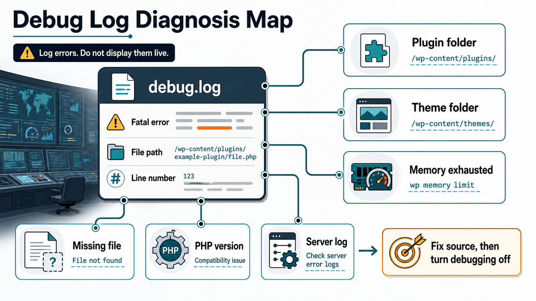 WordPress debug log map for diagnosing the white screen of death.